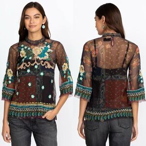 Johnny Was Renley Black Brown Blouse Sheer Mesh Floral Embroidered Size  XS